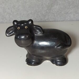 Vintage Black Ceramic Cow Figurine with Gold Eyes Farmhouse Decor‎ folk Art